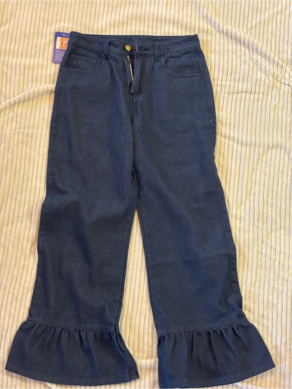 Women’s Dark Blue Ruffle Hem Wide-Leg Jeans